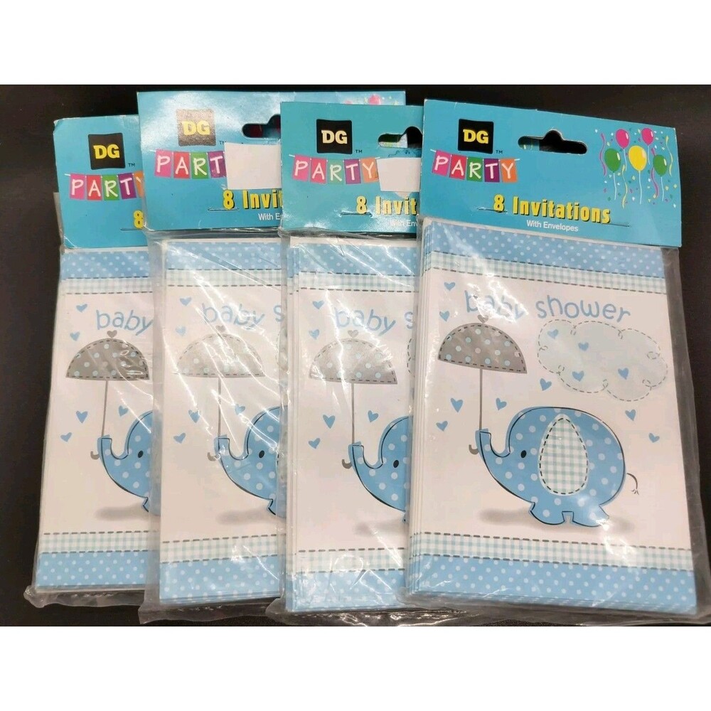 32 New Boy Elephant Baby Shower Invitations Blue Cards - 8 count x 4 packs